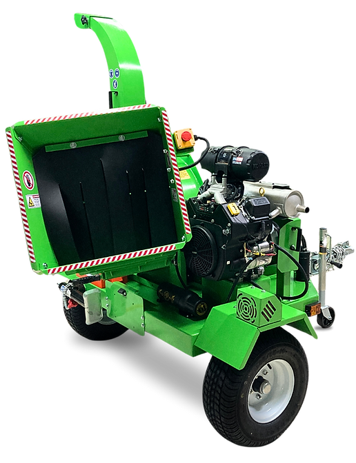 A Yardbeast 6525 commercial grade chipper showing its standard features such as emergency push button, hourmeters and independent suspension